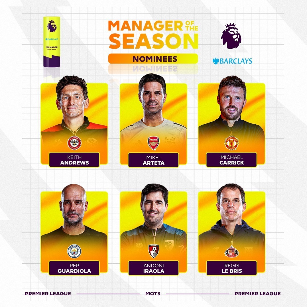 Arteta, Carrick, Guardiola nominated for Premier League manager of the season